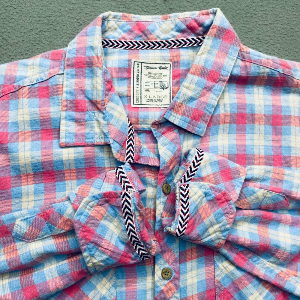 Colours Alexander Julian Men Shirt Cotton Plaid XL Pink Blue Casual Button Down